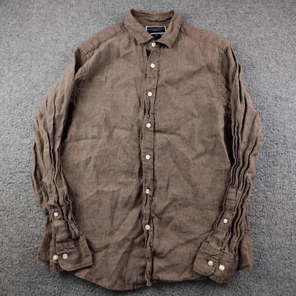 Charles Tyrwhitt Linen Shirt Mens Medium Slim Fit Brown Long Sleeve